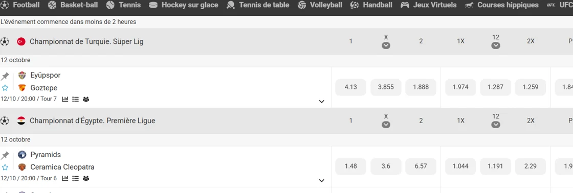 Liste avant-match de championnats de football chez MegaPari, avec leurs cotes